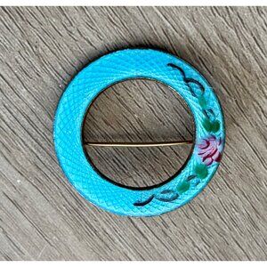 Vintage Brooch Pin Guilloche Blue Enamel Hand Painted Rose Floral Round Circa 19